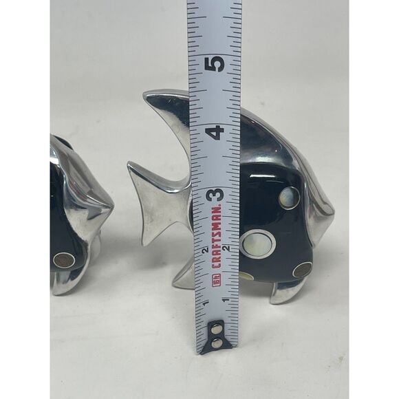 Vintage Silver & Black Metal Pair Fish Figurines With Inlaid Stone Abalone *RARE - Picture 11 of 11